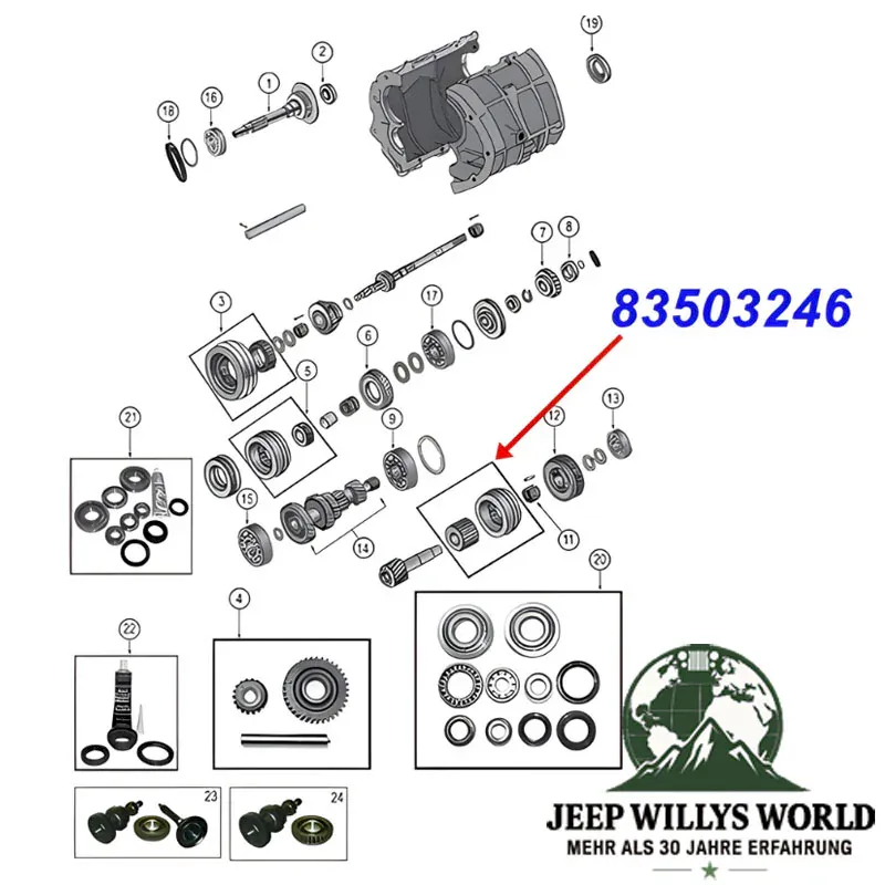 Synchronizer Assembly 5th Gear BA10/5 Transmission Jeep Cherokee XJ / Wrangler YJ (87-89), exploded drawing highlighting the position of Assembly on Transmission with red arrow.