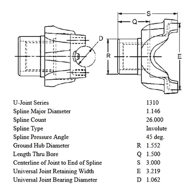Kardanflansch Dana 30 Vorderachse, 44 Hinterachse, 300 Verteilergetriebe Jeep CJ Wrangler Cherokee Commanche 66-93, technische Zeichnung mit allen nötigen Maßen.