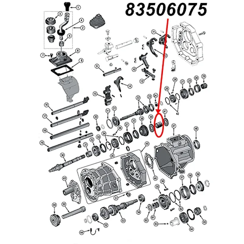 Nadellager für den ersten (1.) Gang am AX15 Schaltgetriebe. Jeep Cherokee XJ / Wrangler YJ / TJ / Grand Cherokee ZJ / Comanche MJ (1987-1999), Explosionszeichnung, die mit rotem Pfeil die Position des Lagers am Schaltgetriebezeigt.