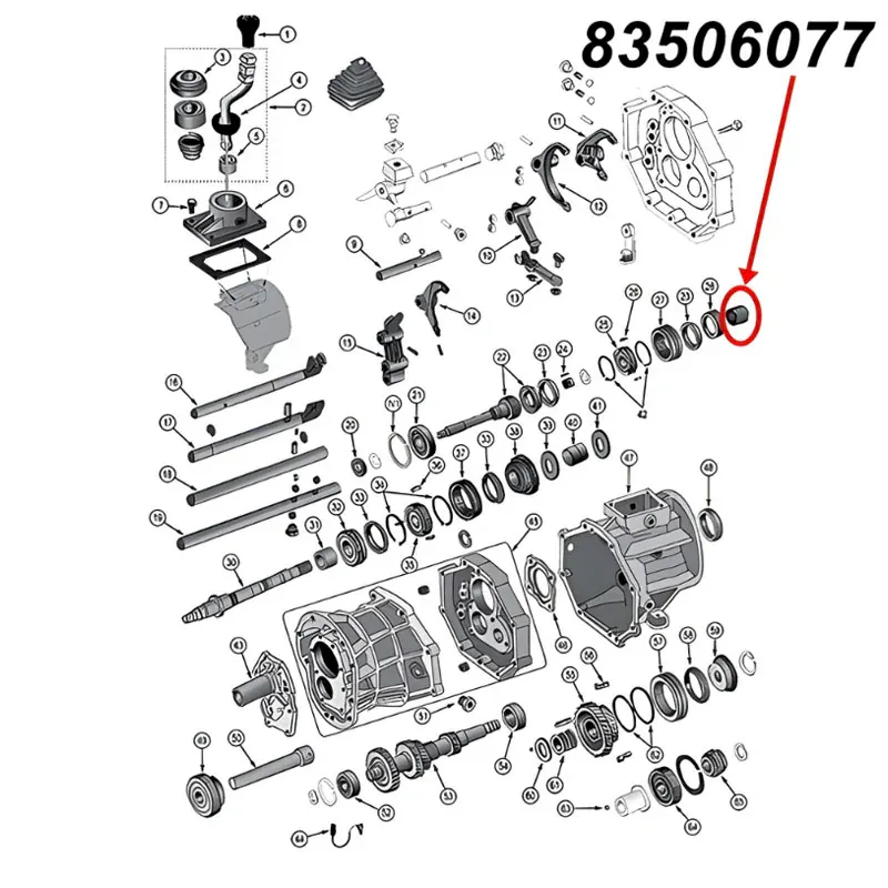 Nadellager für den dritten (3.) Gang am AX15 Schaltgetriebe. Jeep Cherokee XJ / Wrangler YJ / TJ / Grand Cherokee ZJ / Comanche MJ (1987-1999), Explosionszeichnung, die mit rotem Pfeil die Position des Lagerss am Schaltgetriebezeigt.