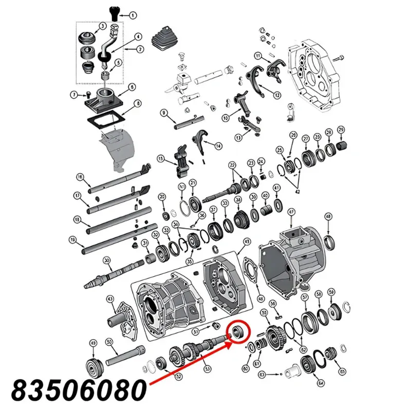 Hinteres Lager der Vorgelegewelle für AX15 Schaltgetriebe. Jeep Cherokee XJ / Wrangler YJ / TJ / Grand Cherokee ZJ (1987-1999), Explosionszeichnung die mit rotem Pfeil die Position des Lagers am Schaltgetriebe zeigt.