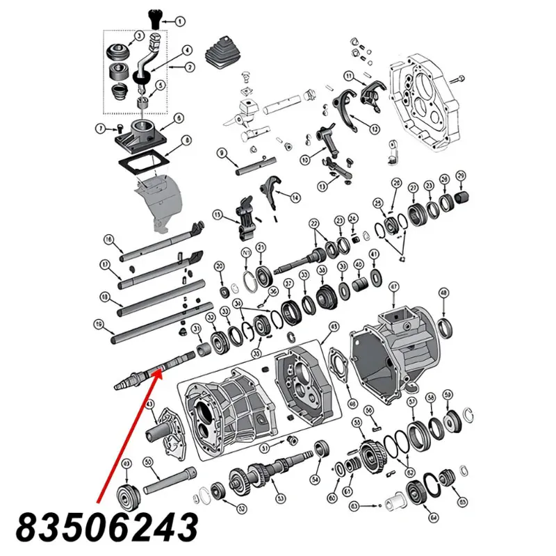 Hauptwelle für AX15 Schaltgetriebe. Jeep Cherokee XJ / Wrangler YJ / TJ / Grand Cherokee ZJ (1987-1999), Explosionszeichnung die mit roten Pfeilen die Position der Welle am Schaltgetriebe zeigt.