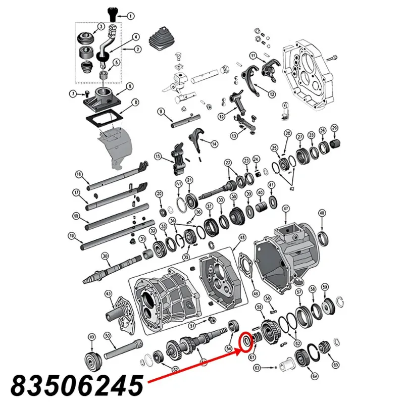 Druckscheibe für die Vorgelegewelle am AX15 Schaltgetriebe. Jeep Cherokee XJ / Wrangler YJ / TJ / Grand Cherokee ZJ / Comanche MJ (1987-1999), Explosionszeichnung, die mit rotem Pfeil die Position der Druckscheibe am Schaltgetriebezeigt.