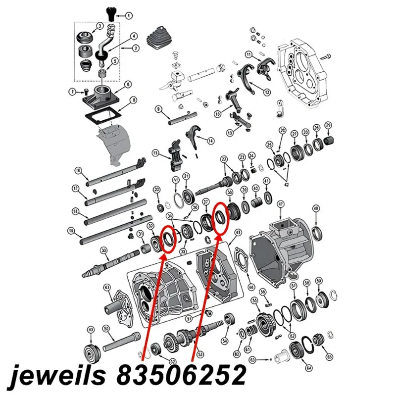 Synchronring 1. & 2. Gang AX15 Schaltgetriebe Jeep XJ / YJ / TJ / ZJ  (87-99), Explosionszeichnung die mit roten Pfeilen den 1. und 2. Ring am Schaltgetriebe zeigt.