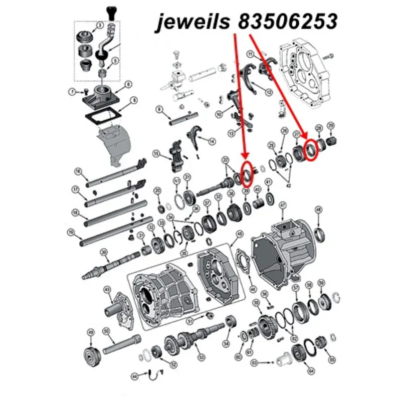 Synchronring 3. & 4. & 5. Gang AX15 Schaltgetriebe Jeep XJ / YJ / TJ / ZJ  (87-99), Explosionszeichnung die mit roten Pfeilen den 3. und 4. Ring am Schaltgetriebe zeigt.