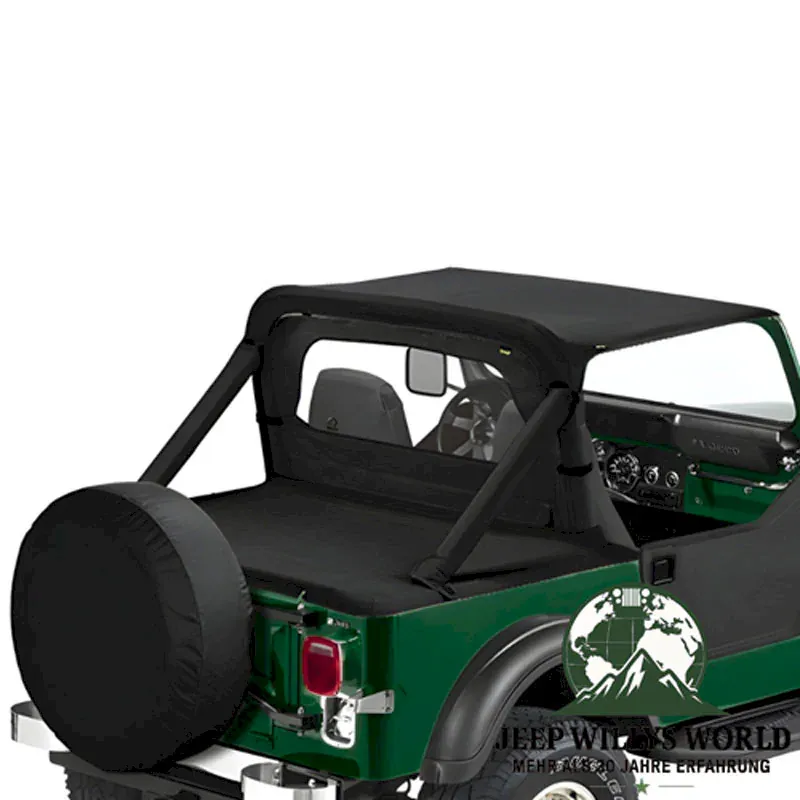 Duster Deck Cover Heckabdeckung  Black Crush Bestop Jeep CJ7, Wrangler YJ (80-91)  montiert, mit zusätzlichem Bikini Top und Windjammer.