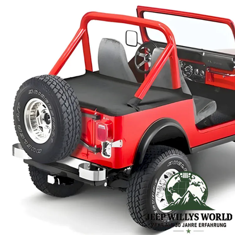 Duster Deck Cover Heckabdeckung Black Denim Jeep CJ7, Wrangler YJ (80-91), hervorgehoben auf ausgegrautem Jeep ohne Top.