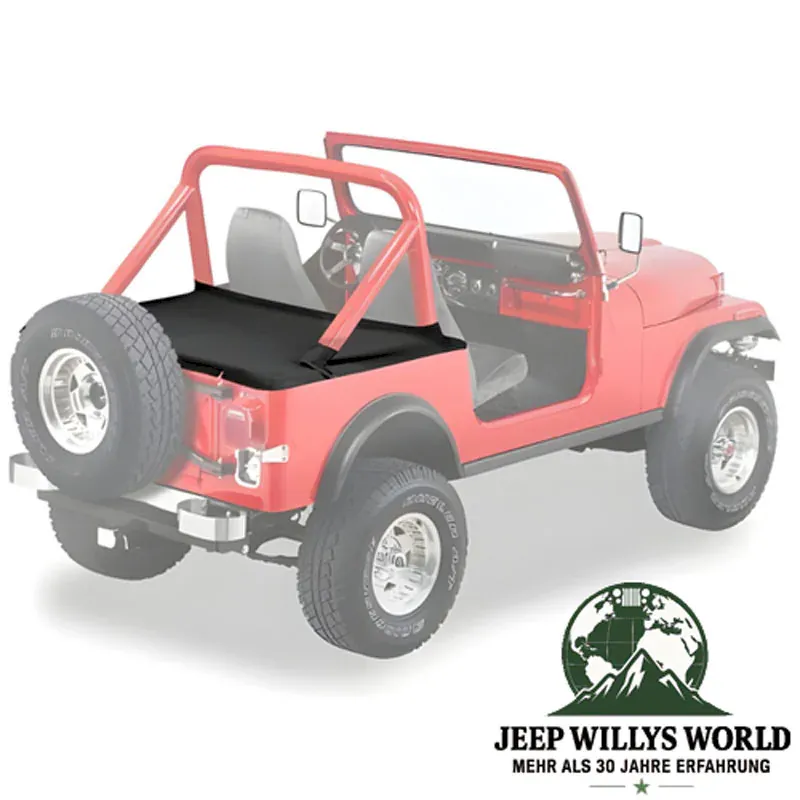 Duster Deck Cover Heckabdeckung Black Denim Jeep CJ7, Wrangler YJ (80-91), hervorgehoben auf ausgegrautem Jeep ohne Top.