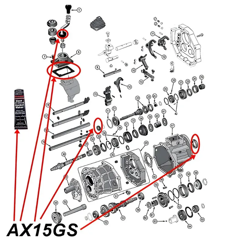 Dichtsatz AX15 Schaltgetriebe Jeep Cherokee XJ / Wrangler YJ / TJ / Grand Cherokee ZJ (87-89), Explosionszeichnung die mit roten Pfeilen alle Set-Teile am Schaltgetriebe zeigt.