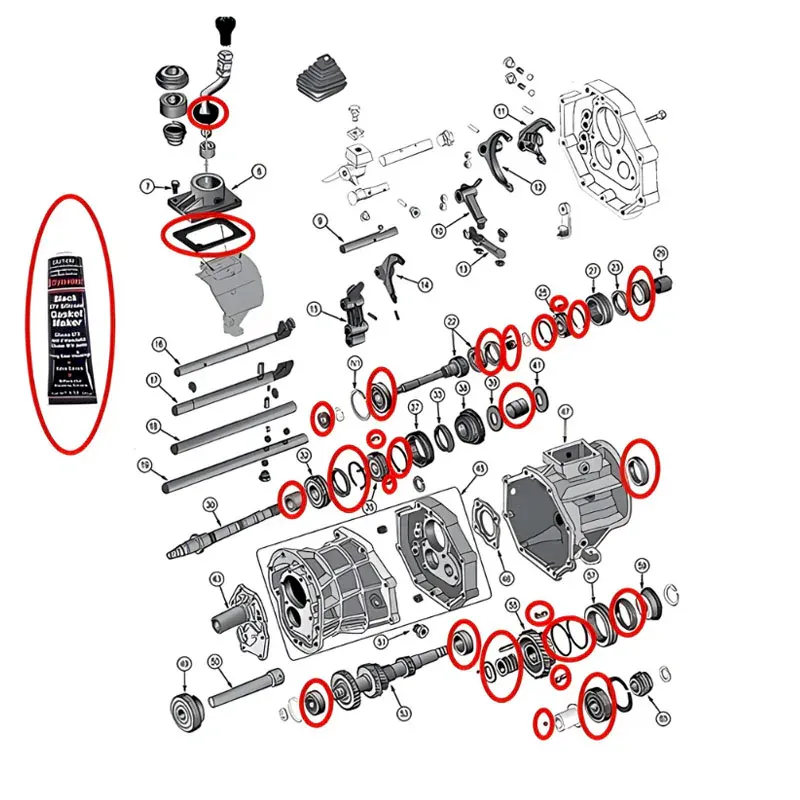 Master Reparatur Kit für AX15 Schaltgetriebe. Lager, Dichtungen, Simmerringe, Synchronringe, RTV Dichtmasse & Kleinteile Set. Jeep Cherokee XJ / Wrangler YJ / TJ / Grand Cherokee ZJ (1988-1999), Explosionszeichnung die mit roten Pfeilen alle Teile