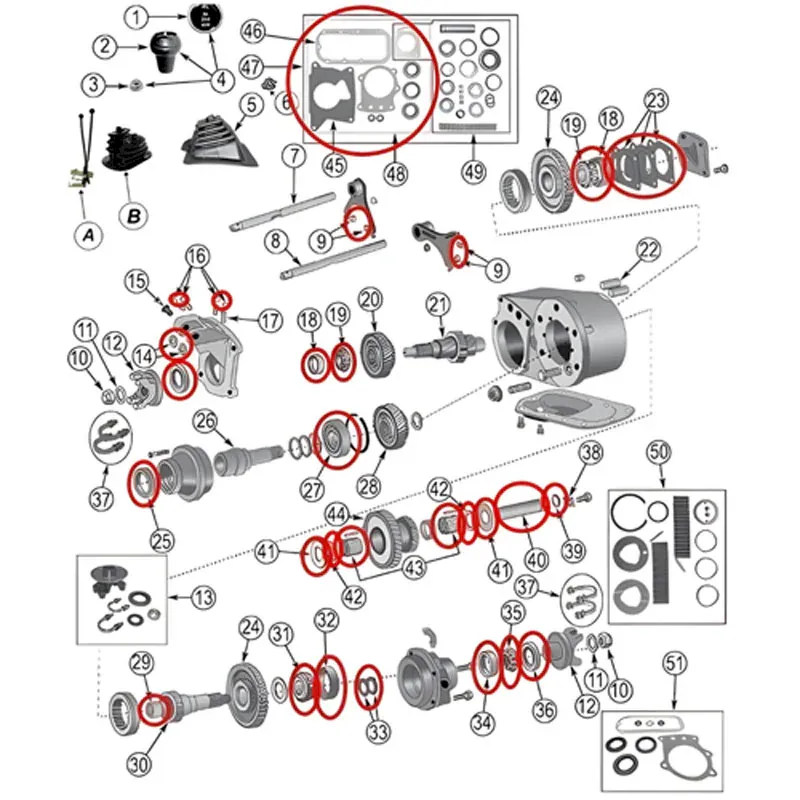 Dichtsatz Überholsatz Master Kit Dana 300 Verteilergetriebe Jeep CJ 80-86, Explosionszeichnung die in Rot alle Teile an Ihrer Position am Verteilergetriebe hervorhebt.