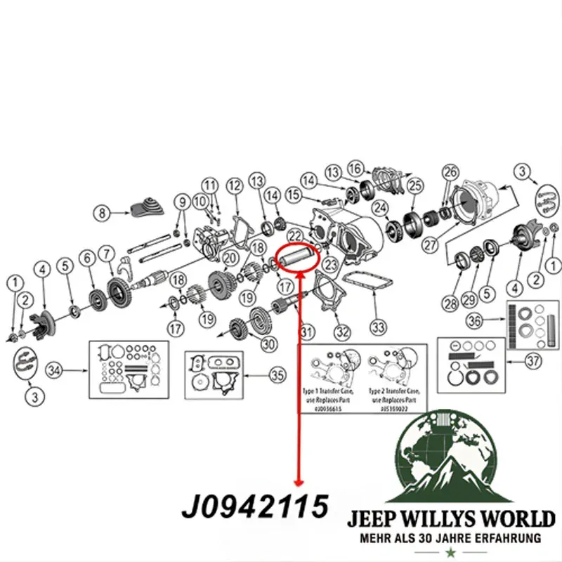 Zwischenwellen Schaft Dana 18, 20, 300 Verteilergetriebe Jeep Willys, CJ (46-86), Explosionszeichnung die mit einem roten Pfeil die Position des Schafts zeigt.