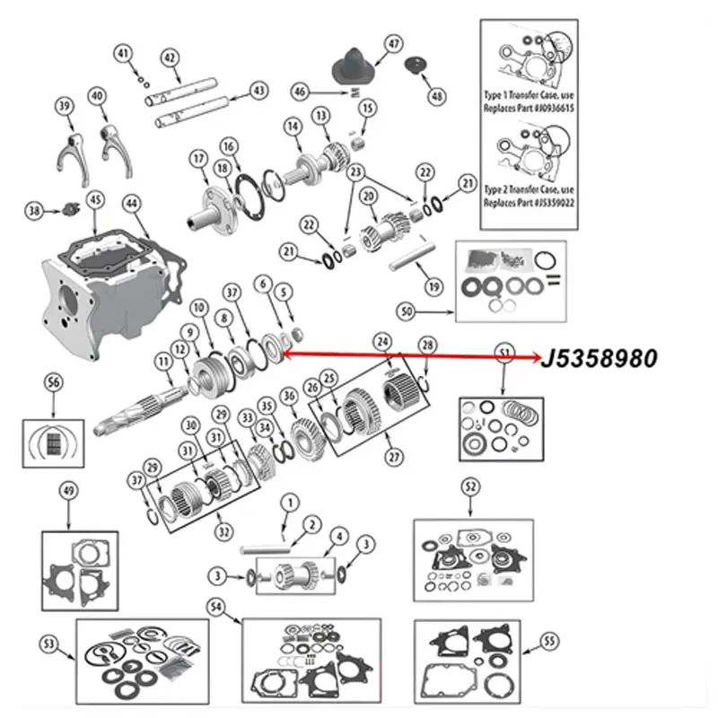 Main Shaft Output Oil Seal T150 Transmission Jeep CJ (76-79), exploded drawing highlighting the position of Oil Seal on Transmission with a red arrow.