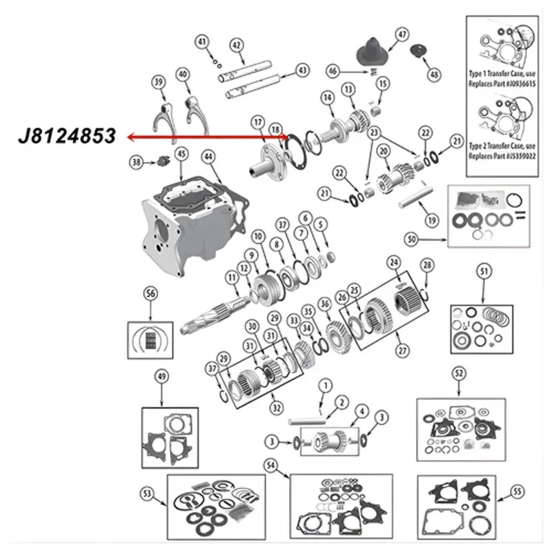 Bearing Retainer Gasket T150 Transmission Jeep CJ (76-79), exploded drawing higlighting the position of Gasket on Transmission.