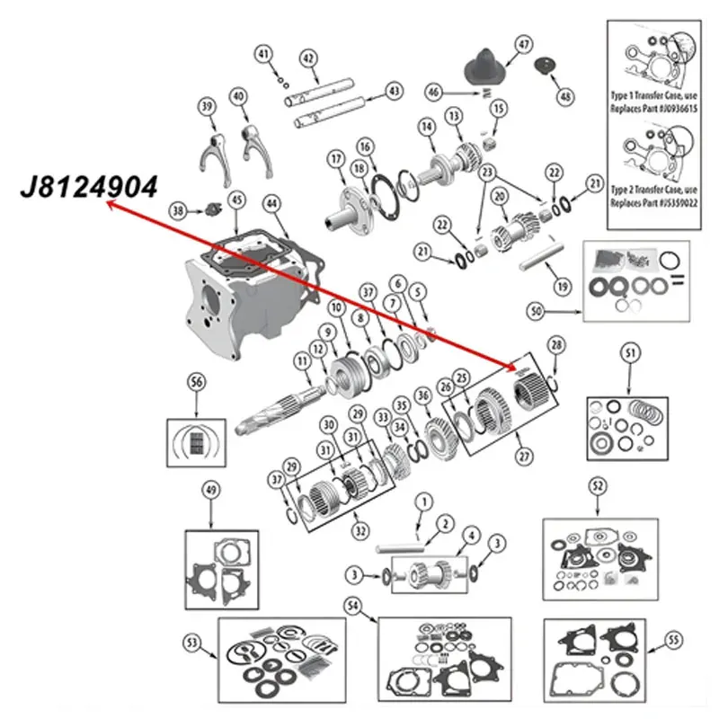Synchronizer Plate 1st and Reverse Gear T150 Transmission Jeep CJ (76-79), exploded drawing highlighting the location of Shift Plate on Transmission with a red arrow.