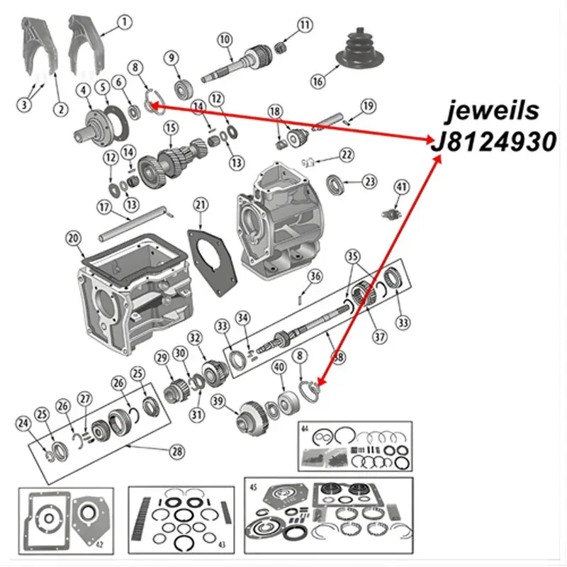 Snap Ring SR4 T176 T177 Transmission Jeep CJ / SJ (80-86), exploded drawing highlighting the position of Snap Rings on Transmission with red arrows.