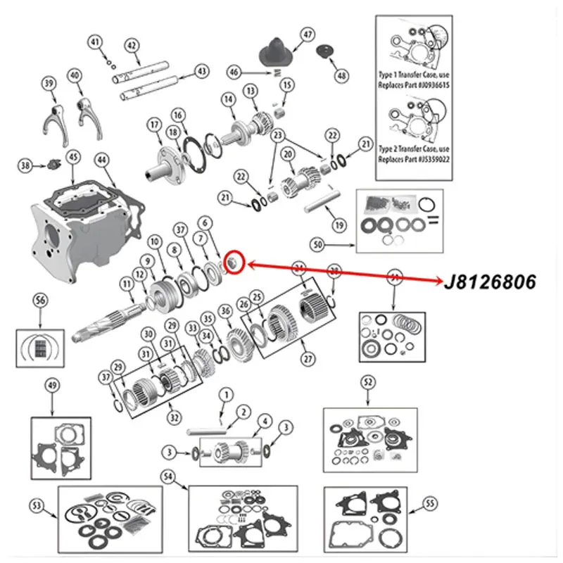 Sicherungsmutter Hauptwelle T14 T15 T18 T86 T90 T98 T150 Schaltgetriebe Jeep CJ / SJ / Willys (46-84), Explosionszeichnung die mit rotem Pfeil die Position der Sicherungsmutter am Schaltegtriebe zeigt.
