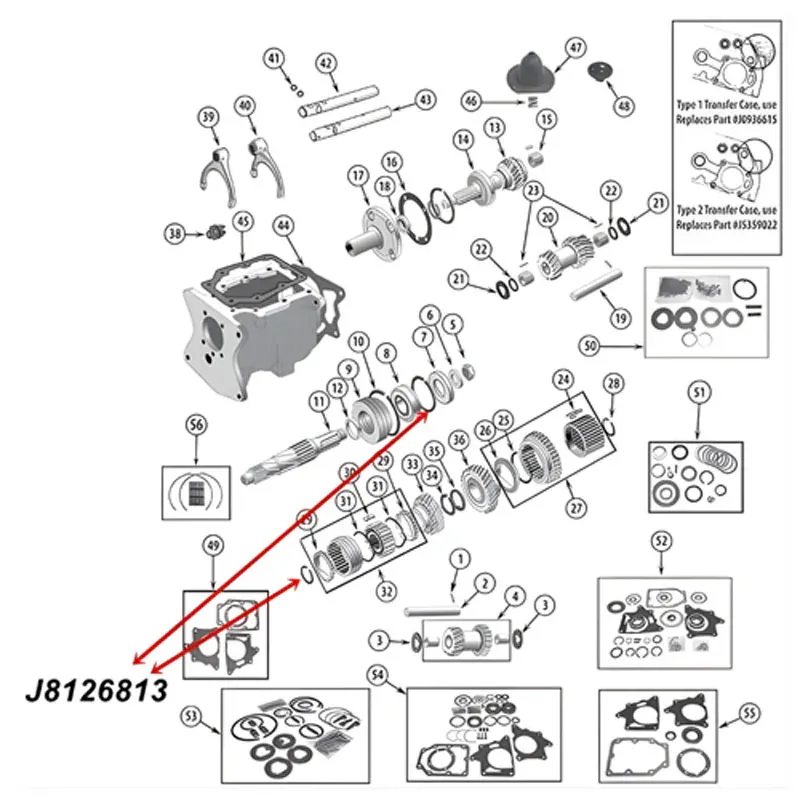 Snap Ring Front Main Shaft T150 Transmission Jeep CJ (76-79), exploded drawing highlighting the position of Snap Ring on Transmission with a red arrow.