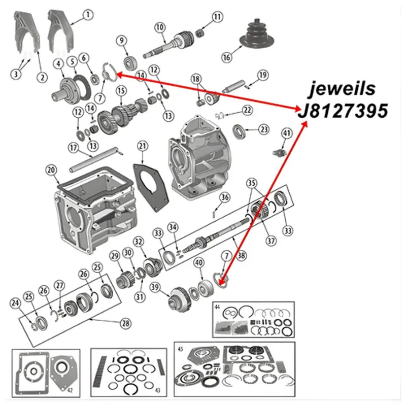 Snap Ring (large) Mainshaft SR4 Transmission Jeep CJ (80-83), exploded drawing highlighting the position of Snap Rings on Transmission with red arrows.