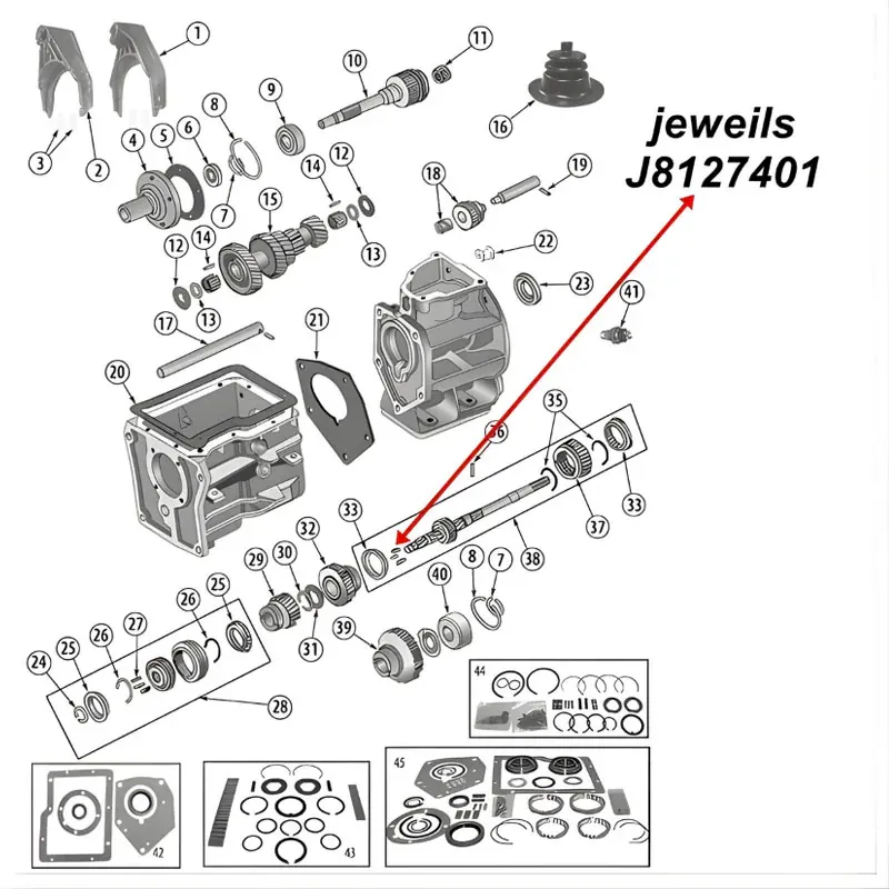 Synchronizer Plate 1st and 2nd SR4 T4 T5 Transmission Jeep CJ / SJ / Cherokee XJ (80-86), exploded drawing highlighting the position of Synchronizer Plate on Transmission with a red arrow.
