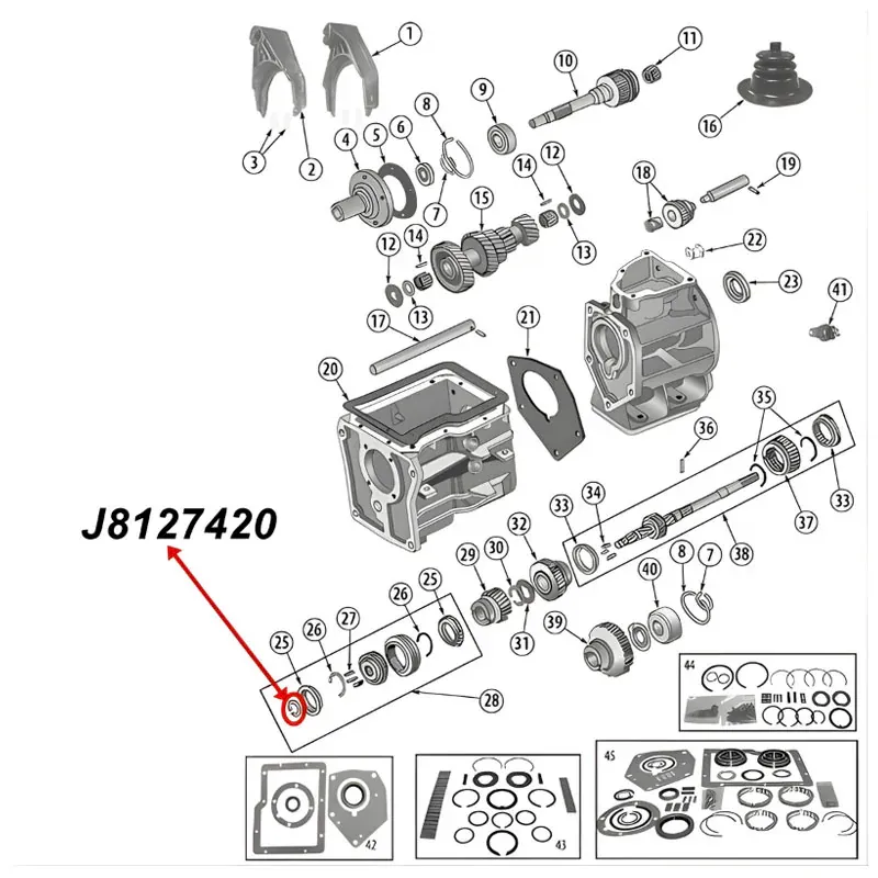 Snap Ring 3rd and 4th Gear Synchro Hub SR4 Transmission Jeep CJ (80-83), exploded drawing highlighting the position of Snap Rings on Transmission with red arrows.