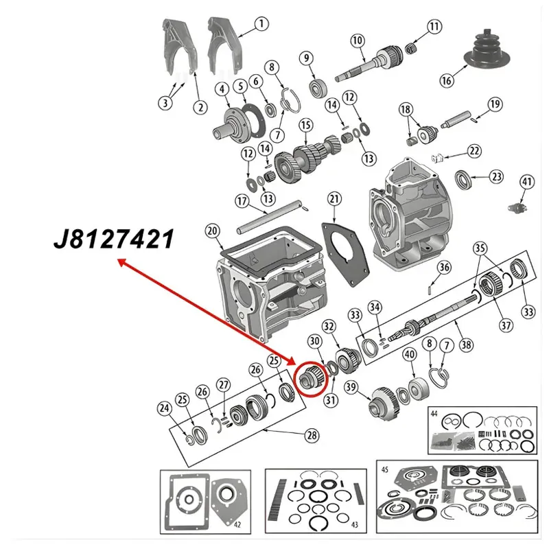 Third (3rd) Gear 26 Teeth SR4 Transmission Jeep CJ (80-83), exploded drawing highlighting the position of Gear on Transmission with a red arrow.
