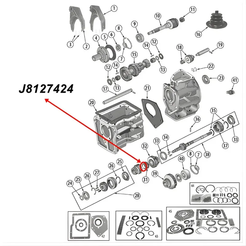 Snap Ring 2nd Gear SR4 T4 T5 Transmission Jeep CJ / SJ / Cherokee XJ (80-86), exploded drawing highlighting the position of Snap Rings on Transmission with red arrows.