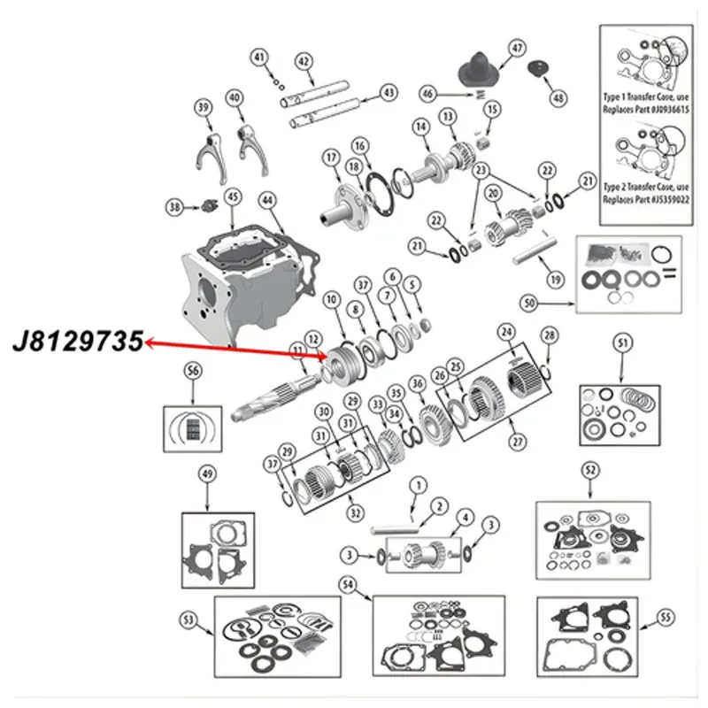 Bearing Adapter Rear Main Shaft T150 Transmission Jeep CJ (76-79), exploded drawing highlighting the position of Bearing Adapter on Transmission with a red arrow.