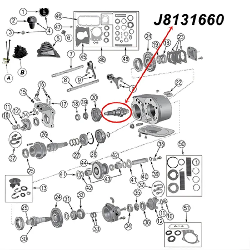 Ausgangswelle vorne Dana 300 Verteilergetriebe Jeep CJ 80-86, Explosionszeichnung die mit roter Umrandung die Position der Welle zeigt.