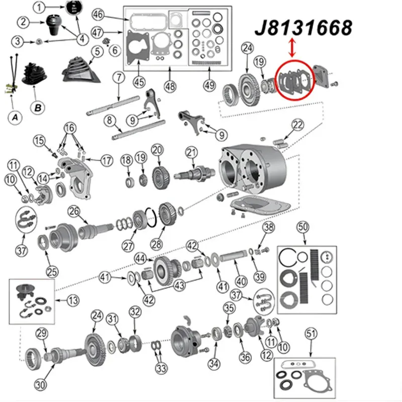 Einstellscheiben Set Ausgangswelle vorne Dana 300 Verteilergetriebe Jeep CJ 80-86, Explosionszeichnung die mit roter Umrandung die Position der Einstellscheiben zeigt.