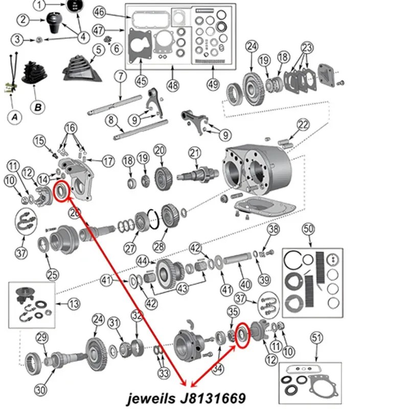 Simmerring Dana 300 Verteilergetriebe Ausgang vorne oder hinten Jeep CJ (80-86), technische Zeichnung, die die Position der beiden SImmerringe am Verteilergetriebe zeigt.