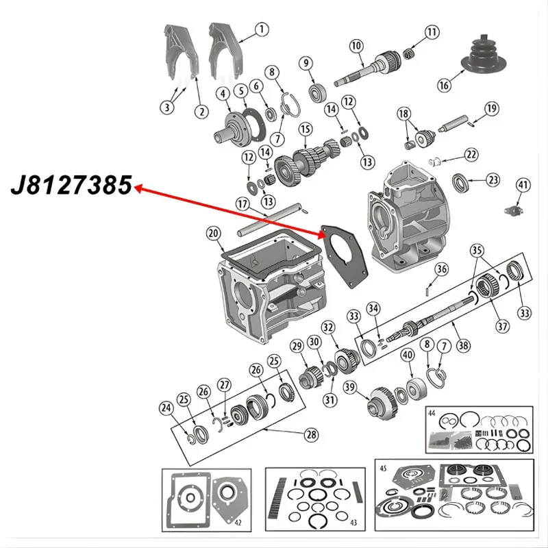 Output Shaft Oil Seal SR4 T4 T5 Transmission Jeep CJ / SJ / Cherokee XJ (80-86), exploded drawing highlighting the position of Oil Seal on Transmission with a red arrow.