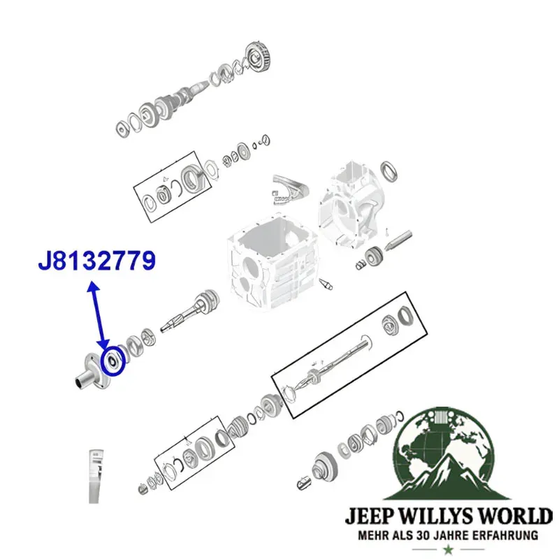 Input Shaft Oil Seal T4 T5 T18 Transmission Jeep CJ / SJ / Cherokee XJ (66-86), exploded drawing highlighting the position of Oil Seal on Transmission with a blue arrow.