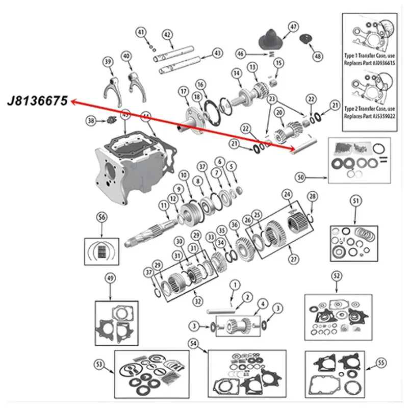 Countershaft T150 Transmission Jeep CJ (76-79), exploded drawing highlighting the position of Countershaft on Transmission with a red arrow.