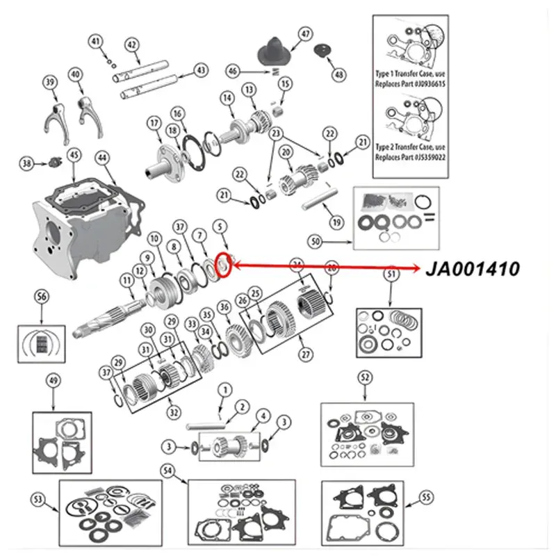 Mainshaft Washer T-Transmission Daan 18 Transfer Case Jeep CJ / SJ / Willys (46-84), exploded drawing highlighting the location of Mainshaft Washer on Transmission with a red arrow.