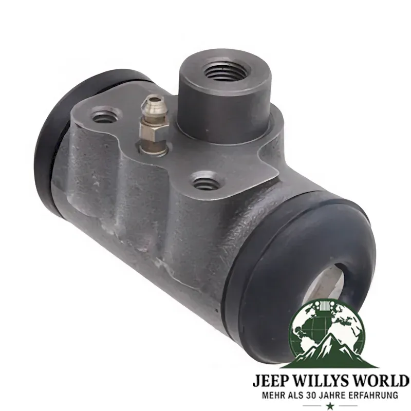 Wheel Brake Cylinder 9" drum brake front left or right Jeep Willys MB M38 CJ2A CJ3A Ford GPW 41-43, front side view, cylinder slightly tilted to the left.