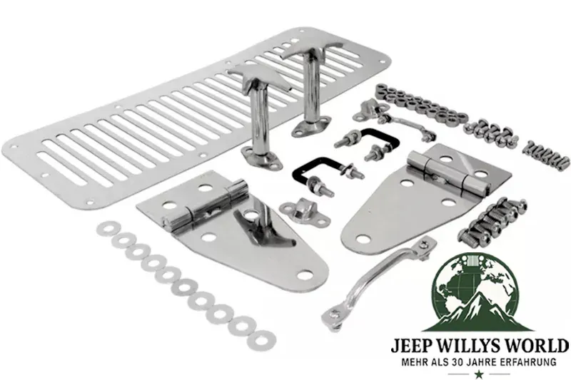 Motorhauben Scharnier Set Edelstahl Hochglanzpoliert Jeep CJ5 CJ7 CJ8 / Wrangler YJ (1976-1995)