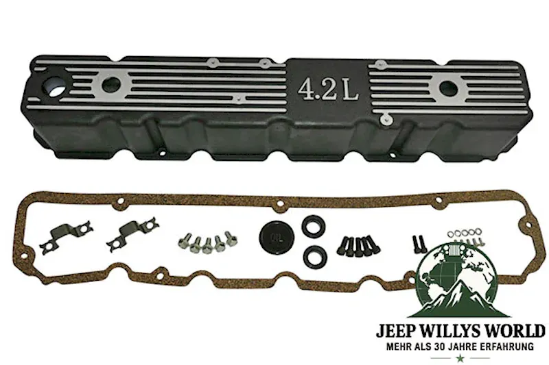 RT Off-Road Ventildeckel Set Aluminium schwarz 4,2 L Logo Jeep CJ5 CJ7 CJ8 + Wrangler YJ (1981-1986)
