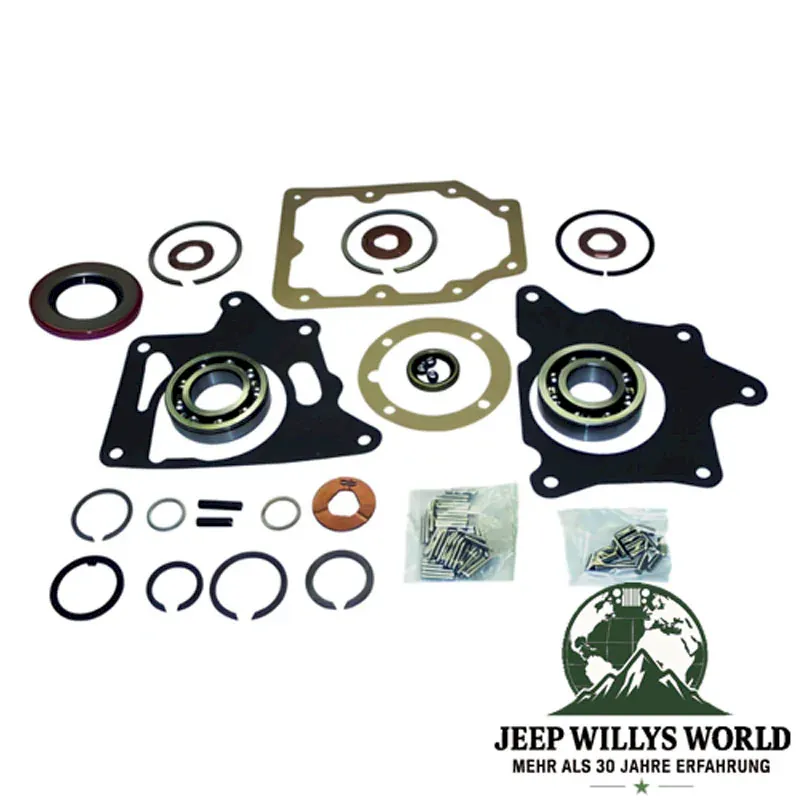 Bearing Repair Kit T150 Transmission Jeep CJ (76-79), full scope of delivery pictured (front and rear Bearings, Oil Seals, Gaskets and Small Parts).