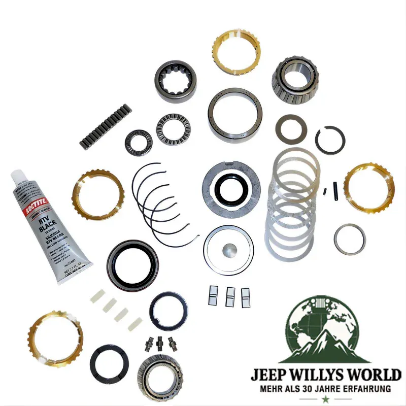 Master Overhaul Kit T4 Transmission Jeep CJ / Cherokee XJ (82-86), full scope of delivery pictured (bearings, gaskets, seals, synchronizing rings, rtv, small parts).