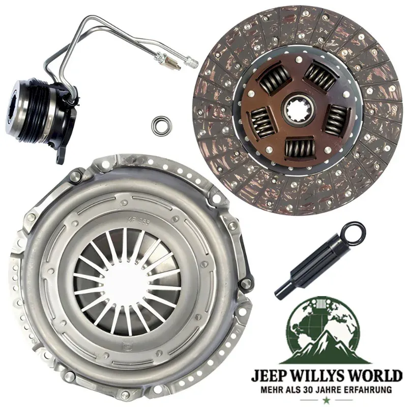 Kupplungs Komplett Set. 4,0L & 4,2L Motor mit BA10/5 Schaltgetriebe. Druckplatte, Kupplungsscheibe, Pilotlager, Ausrücklager & Zentrierdorn. Jeep Cherokee XJ / Wrangler YJ / Comanche MJ (1987-1989)