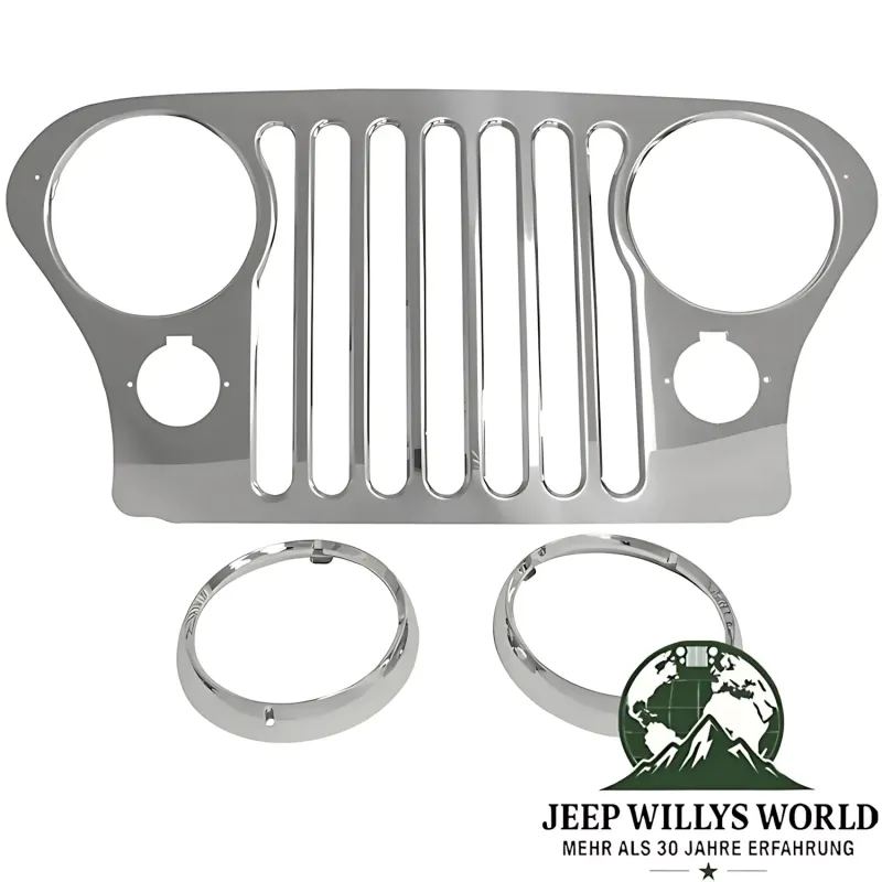 RT Off-Road Kühlergrillblende Edelstahl + Chrom Scheinwerferblenden Scheinwerferringe Jeep CJ5 CJ7 CJ8 (1972-1986).