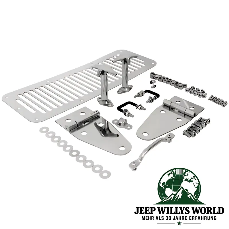 Motorhauben Scharnier Set Edelstahl Hochglanzpoliert Jeep CJ5 CJ7 CJ8, Wrangler YJ (76-95), mit Schrauben und Lüftungsgitter.