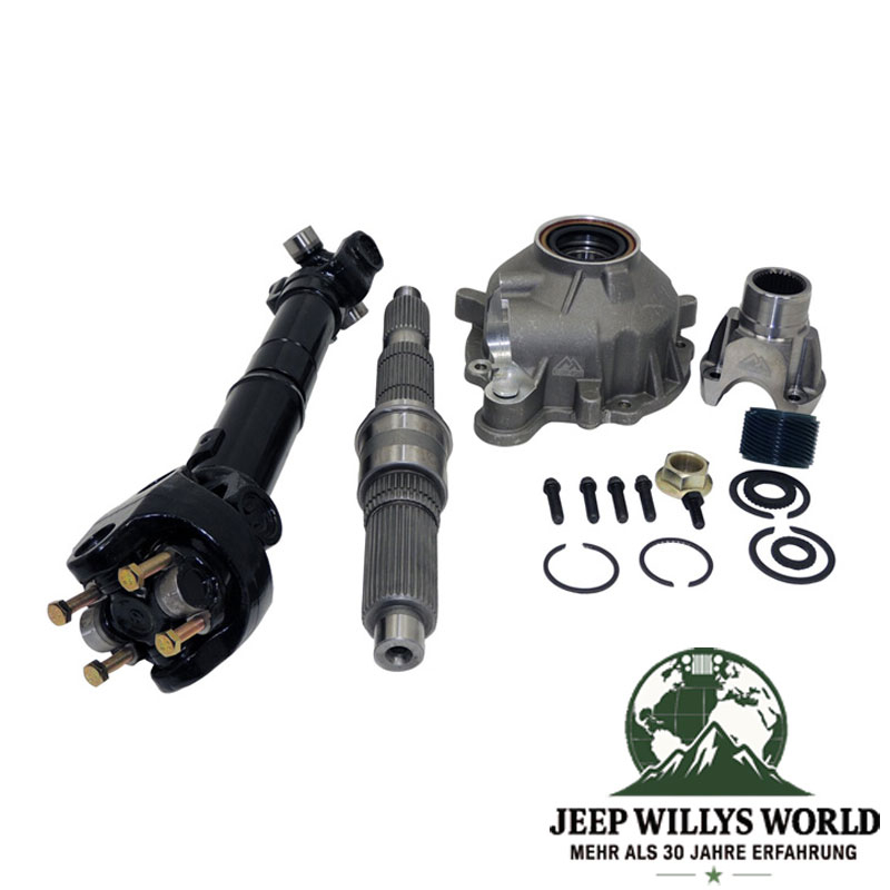 Slip Yoke Eliminator Kit mit verstärkter Antriebswelle für 2"-6" Höherlegung (50-150 mm) inkl. verstärkter Hauptwelle, hinterem Getriebedeckel und Ausgangsflansch hinten für NP231 Verteilergetriebe. Jeep Wrangler YJ / TJ / (1987-2006), voller Lieferumfang