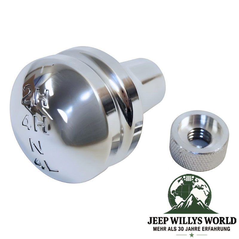 Aluminium Schaltknauf mit Schaltbild eingefräst (poliert) für NP231 Verteilergetriebe. Jeep Cherokee XJ / Wrangler YJ / TJ / Grand Cherokee ZJ / ZG (1987-2006).