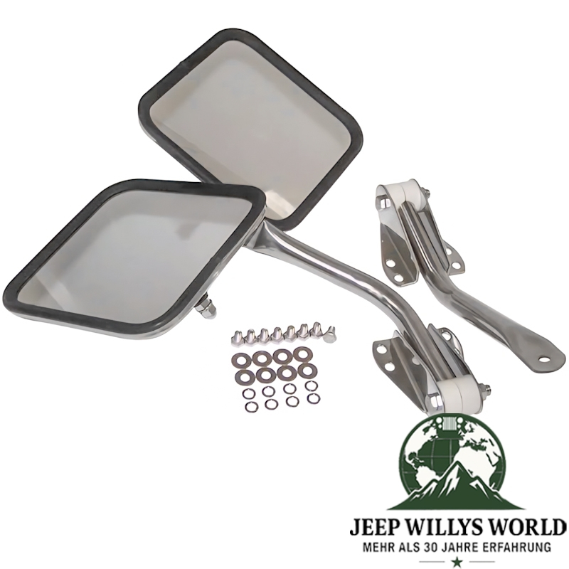 Außenspiegel Set Edelstahl. Jeep CJ5 / CJ6 / CJ7 / CJ8 / Wrangler YJ / Willys M38A1 (1955-1995).