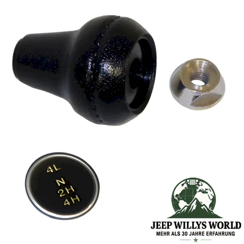 Schaltknauf Set mit Schaltbild Einlage und Mutter Dana 300 Verteilergetriebe Jeep CJ 80-86 alle 3 Set Bestandteile zu sehen.