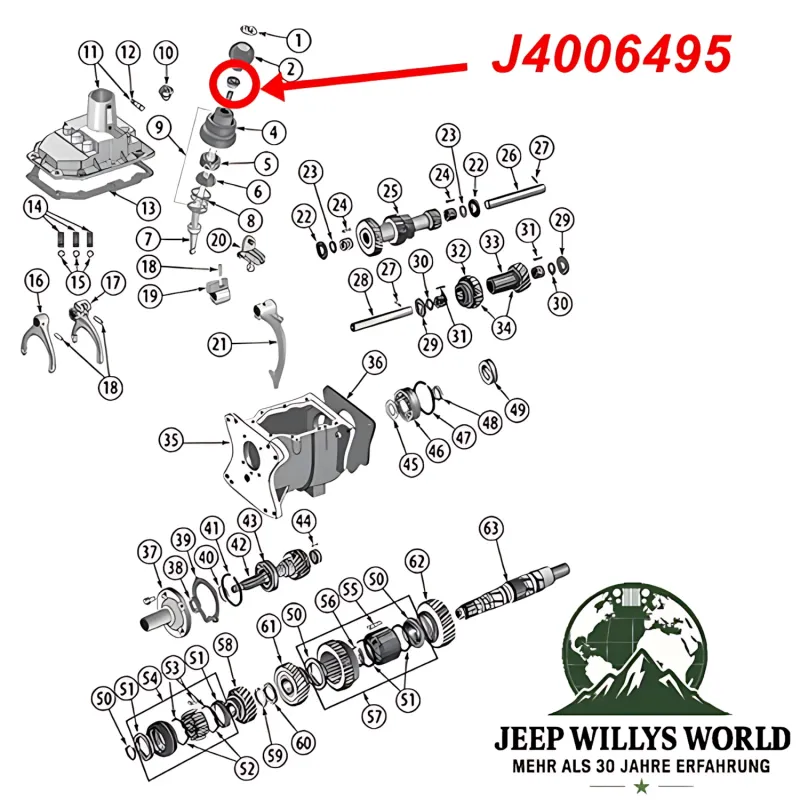 Explosionszeichnung Befestigungsmutter Schaltknauf Dana 300 Verteilergetriebe, T4, T5, T176 & T177 Schaltgetr. Jeep CJ 80-86