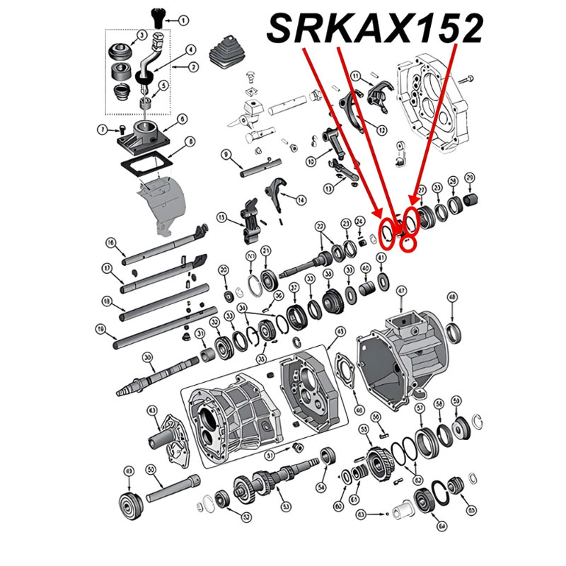 Synchronring Feder und Spannring Set 3. & 4. Gang AX15 Schaltgetriebe Jeep XJ / YJ / TJ / ZJ  (87-99), Explosionszeichnung die mit roten Pfeilen die Setbestandteile am Schaltgetriebe zeigt.