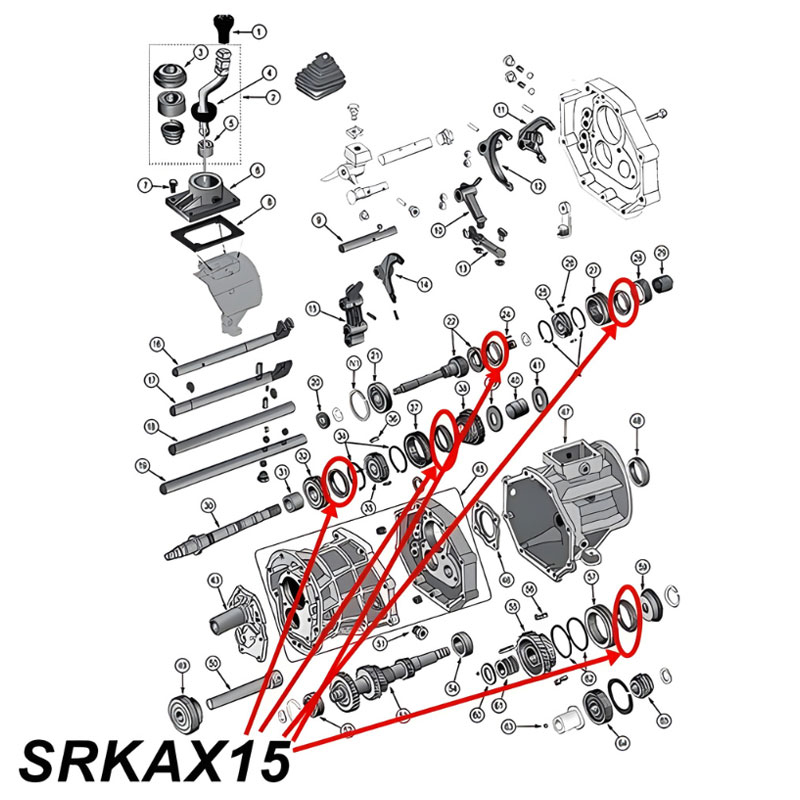 Synchronizer Ring Kit AX15 Transmission Jeep Cherokee XJ / Wrangler YJ (88-92), exploded drawing highlighting the location of all Rings on Transmission with red arrows.